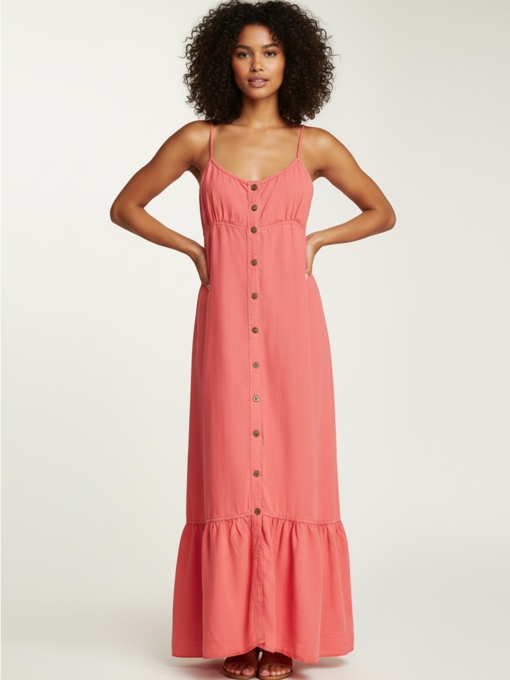 Vintage Free People Tencel Button-Front Cutout Maxi Dress